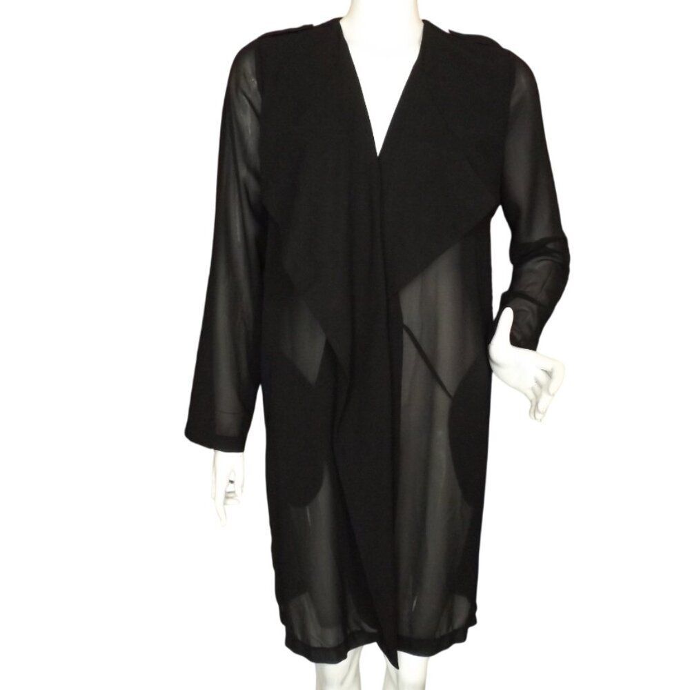 BEBE Sheer Jacket, M, Black, Long, Roll Tab Sleeve, Collar, Open front, Pockets